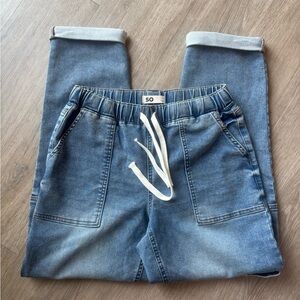 SO | Denim Cargo Jogger Crop Pants in Light Blue with White Drawstring | Size S